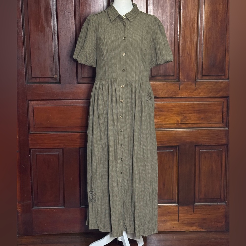 Button-Front Olive Green Maxi Dress with Puff Sleeves